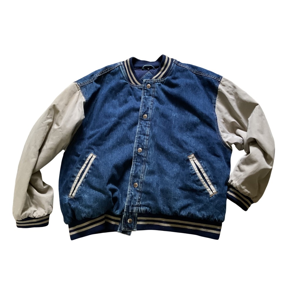 Route 66 Mens Vintage Denim Varsity Heavy Weight Bomber Jacket Blue Tan XL
